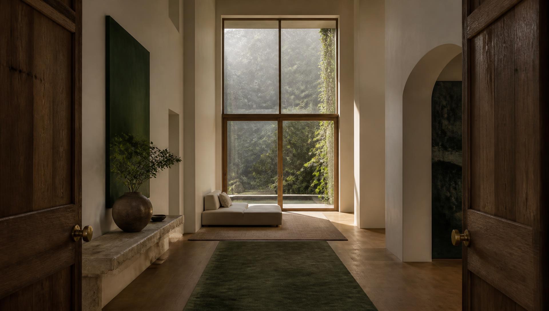 Interior of a curated second home opening onto forest