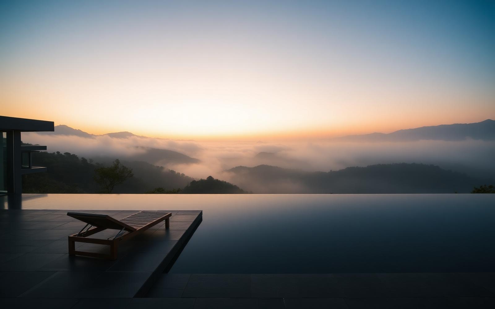 A private pool deck above a misty valley at dusk